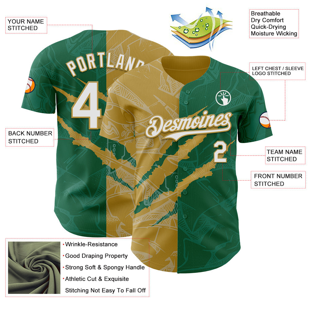 Custom Graffiti Pattern White Kelly Green-Old Gold 3D Scratch Authentic Baseball Jersey view 3