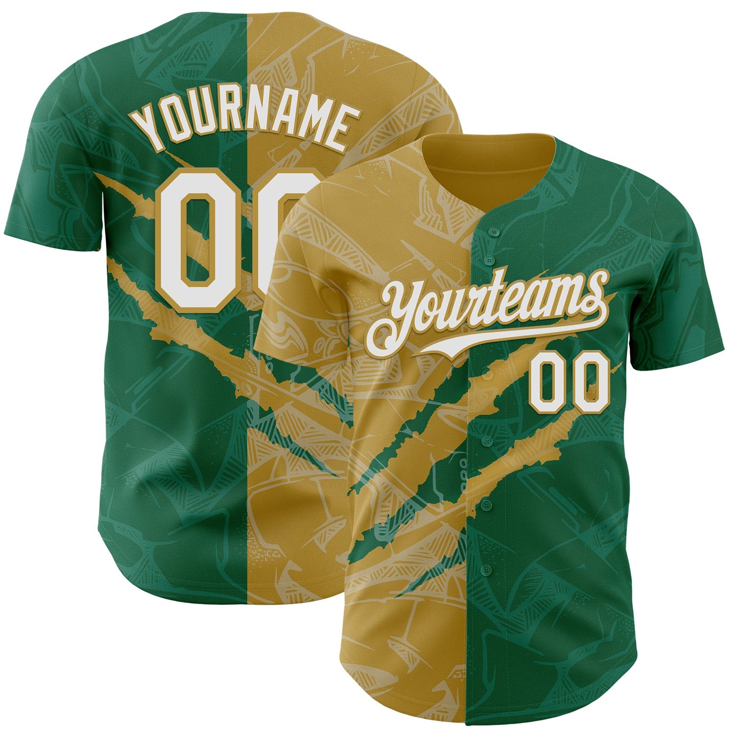 Custom Graffiti Pattern White Kelly Green-Old Gold 3D Scratch Authentic Baseball Jersey - Main View