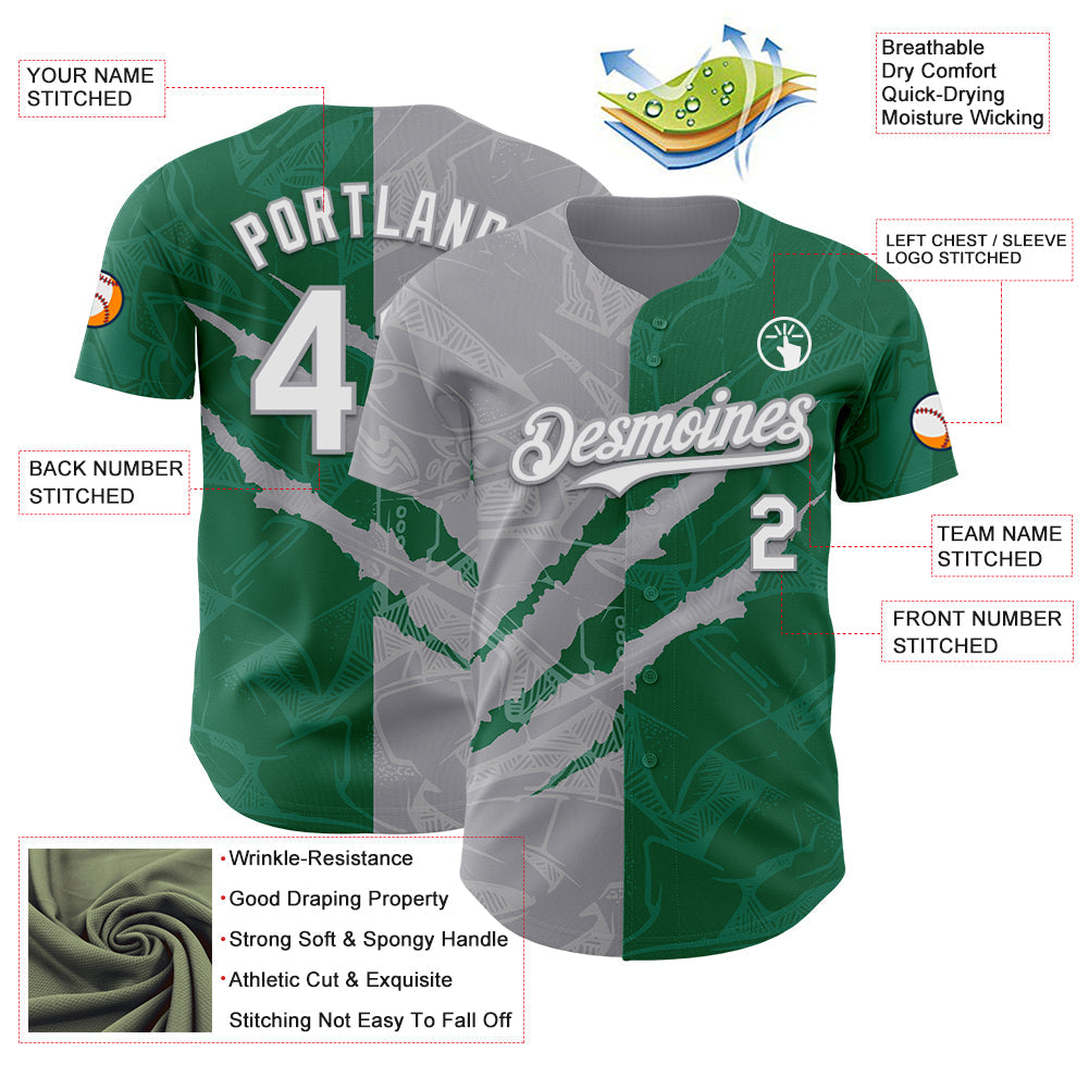 Custom Graffiti Pattern White Kelly Green-Gray 3D Scratch Authentic Baseball Jersey view 3