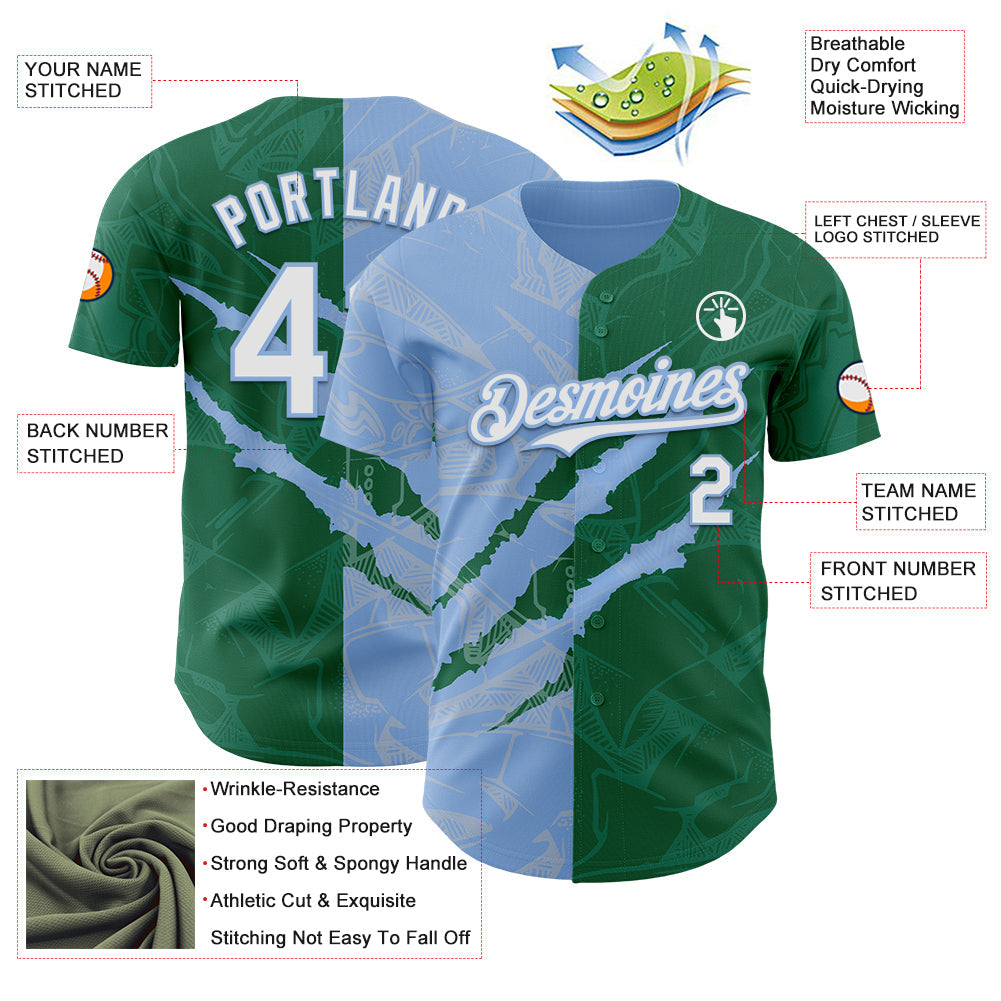 Custom Graffiti Pattern White Kelly Green-Light Blue 3D Scratch Authentic Baseball Jersey view 3