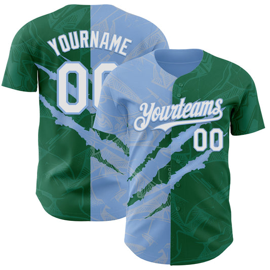Custom Graffiti Pattern White Kelly Green-Light Blue 3D Scratch Authentic Baseball Jersey - Main View