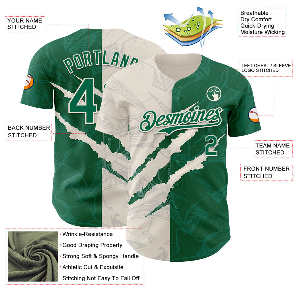 Custom Graffiti Pattern Kelly Green-Cream 3D Scratch Authentic Baseball Jersey view 3