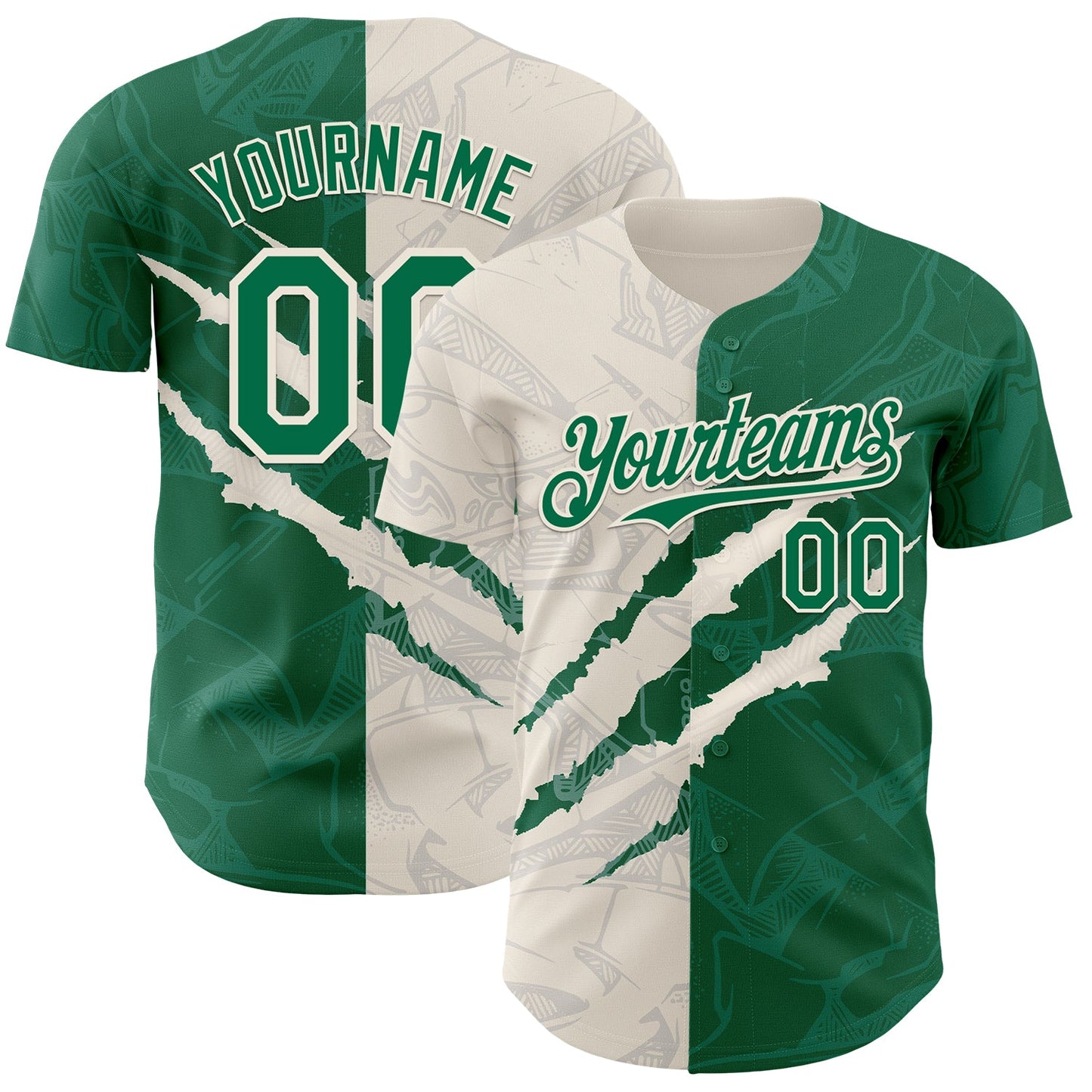 Custom Graffiti Pattern Kelly Green-Cream 3D Scratch Authentic Baseball Jersey - Main View