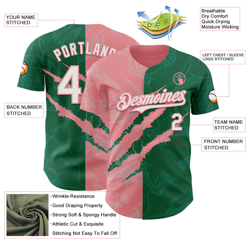 Custom Graffiti Pattern White Kelly Green-Medium Pink 3D Scratch Authentic Baseball Jersey view 3