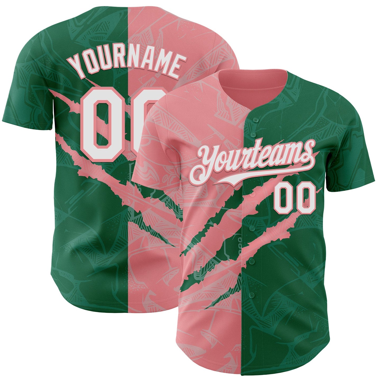 Custom Graffiti Pattern White Kelly Green-Medium Pink 3D Scratch Authentic Baseball Jersey - Main View