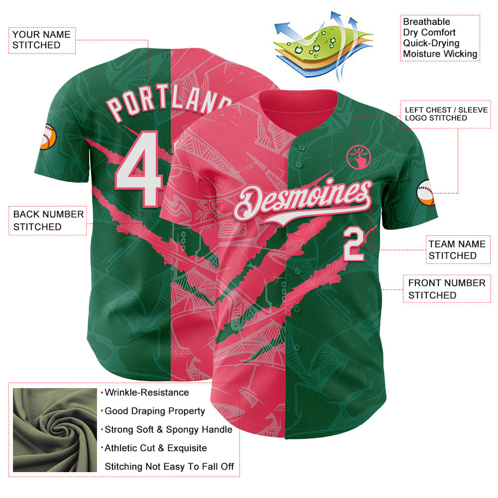 Custom Graffiti Pattern White Kelly Green-Neon Pink 3D Scratch Authentic Baseball Jersey view 3