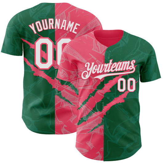 Custom Graffiti Pattern White Kelly Green-Neon Pink 3D Scratch Authentic Baseball Jersey - Main View