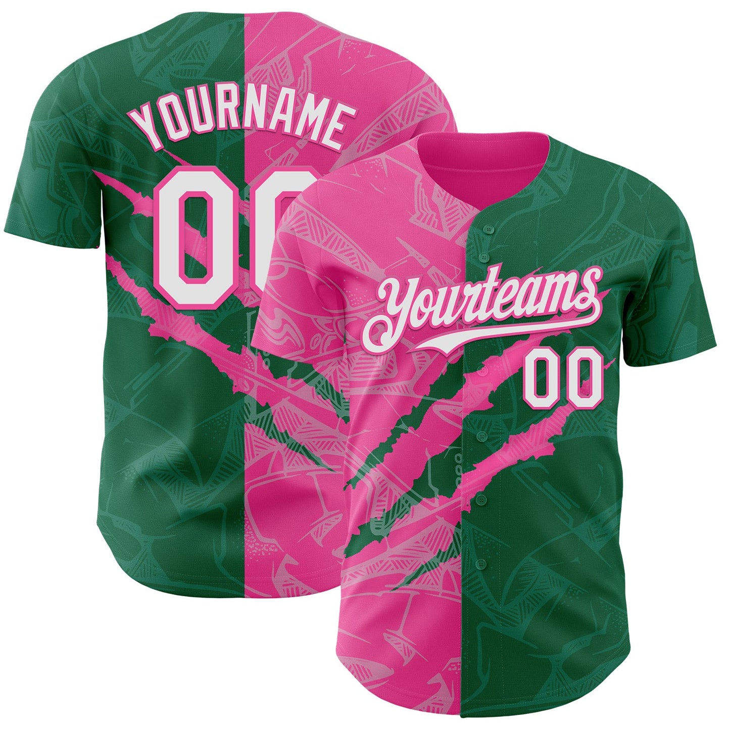Custom Graffiti Pattern White Kelly Green-Pink 3D Scratch Authentic Baseball Jersey - Main View