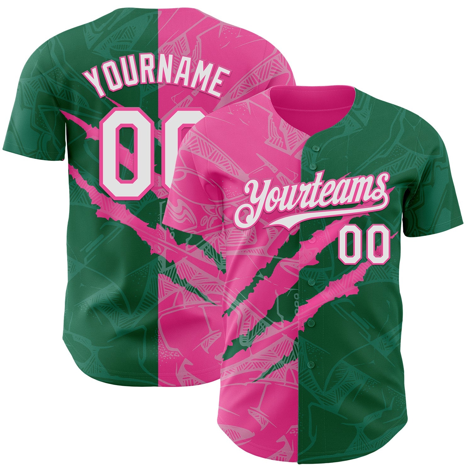 Custom Graffiti Pattern White Kelly Green-Pink 3D Scratch Authentic Baseball Jersey - Main View
