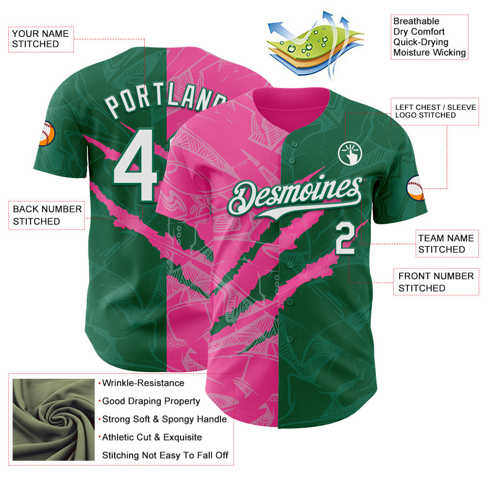 Custom Graffiti Pattern White Kelly Green-Pink 3D Scratch Authentic Baseball Jersey view 3