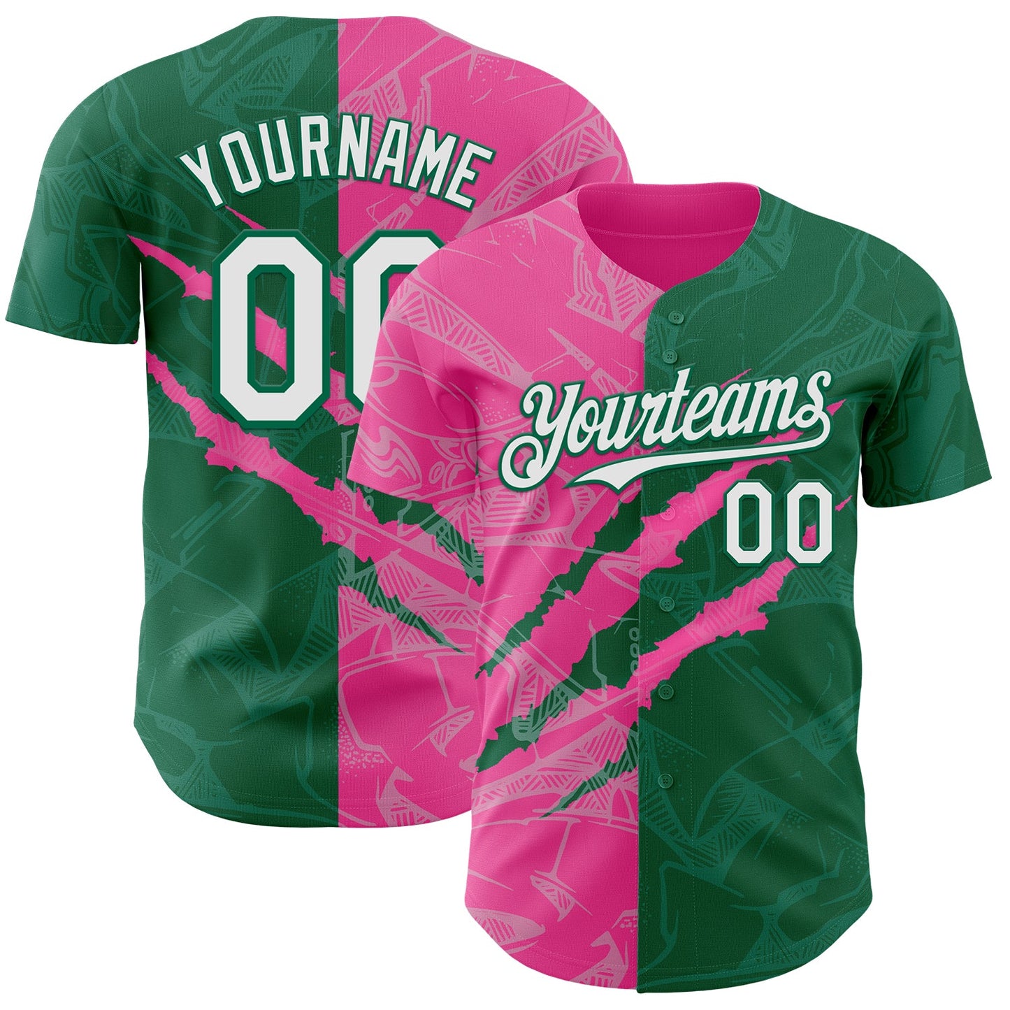 Custom Graffiti Pattern White Kelly Green-Pink 3D Scratch Authentic Baseball Jersey - Main View