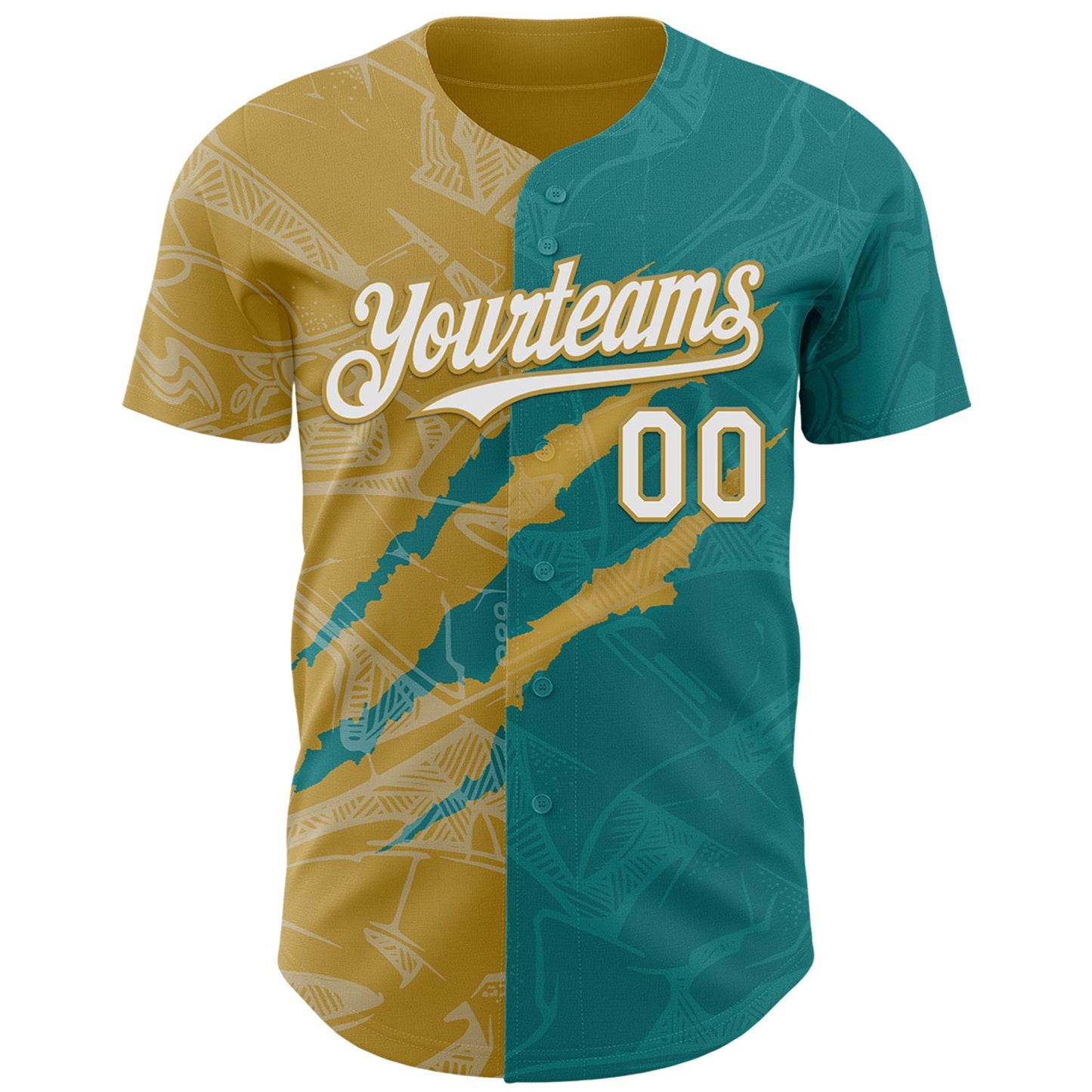 Custom Graffiti Pattern White Teal-Old Gold 3D Scratch Authentic Baseball Jersey view 2