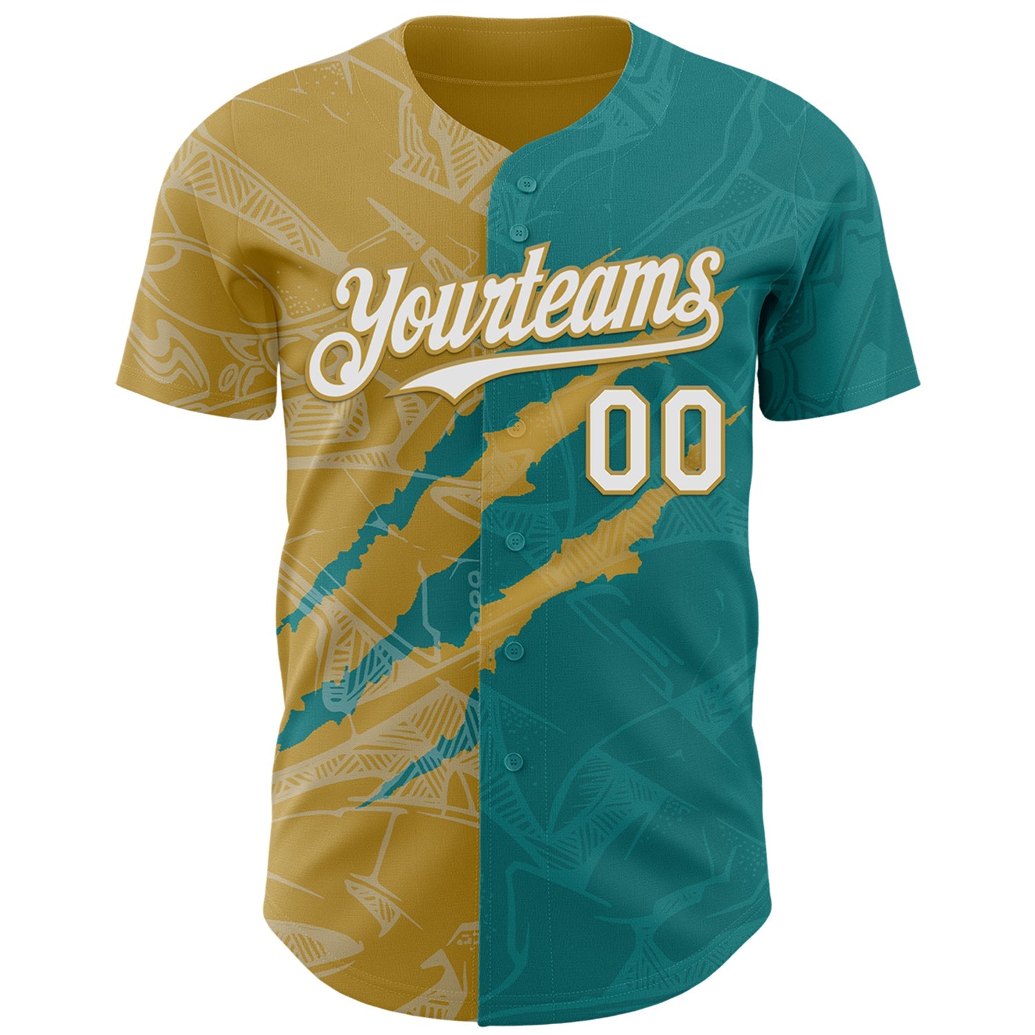 Custom Graffiti Pattern White Teal-Old Gold 3D Scratch Authentic Baseball Jersey view 2