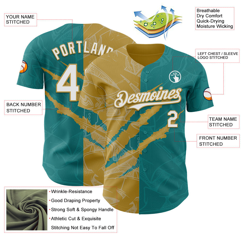 Custom Graffiti Pattern White Teal-Old Gold 3D Scratch Authentic Baseball Jersey view 3