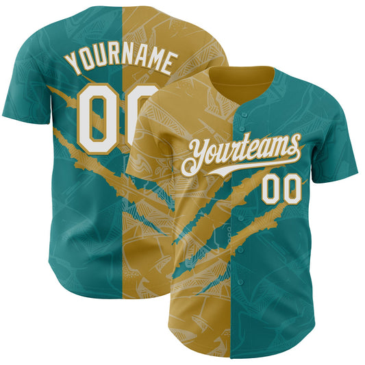 Custom Graffiti Pattern White Teal-Old Gold 3D Scratch Authentic Baseball Jersey - Main View