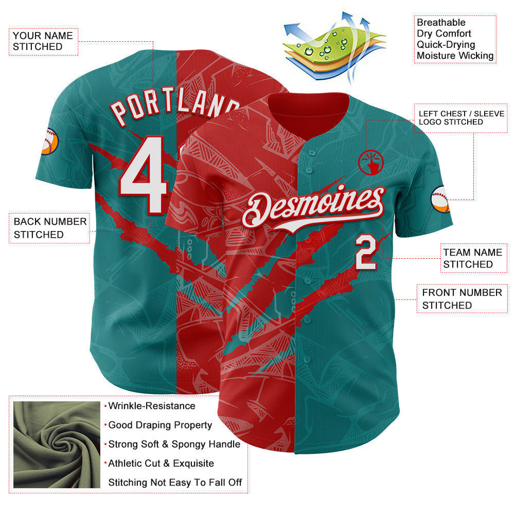 Custom Graffiti Pattern White Teal-Red 3D Scratch Authentic Baseball Jersey view 3