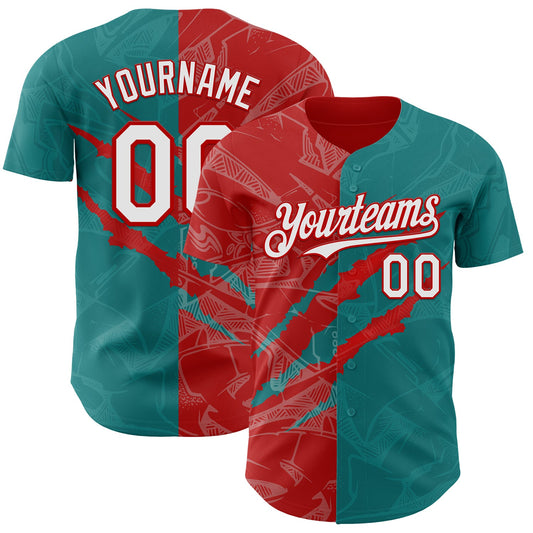 Custom Graffiti Pattern White Teal-Red 3D Scratch Authentic Baseball Jersey - Main View