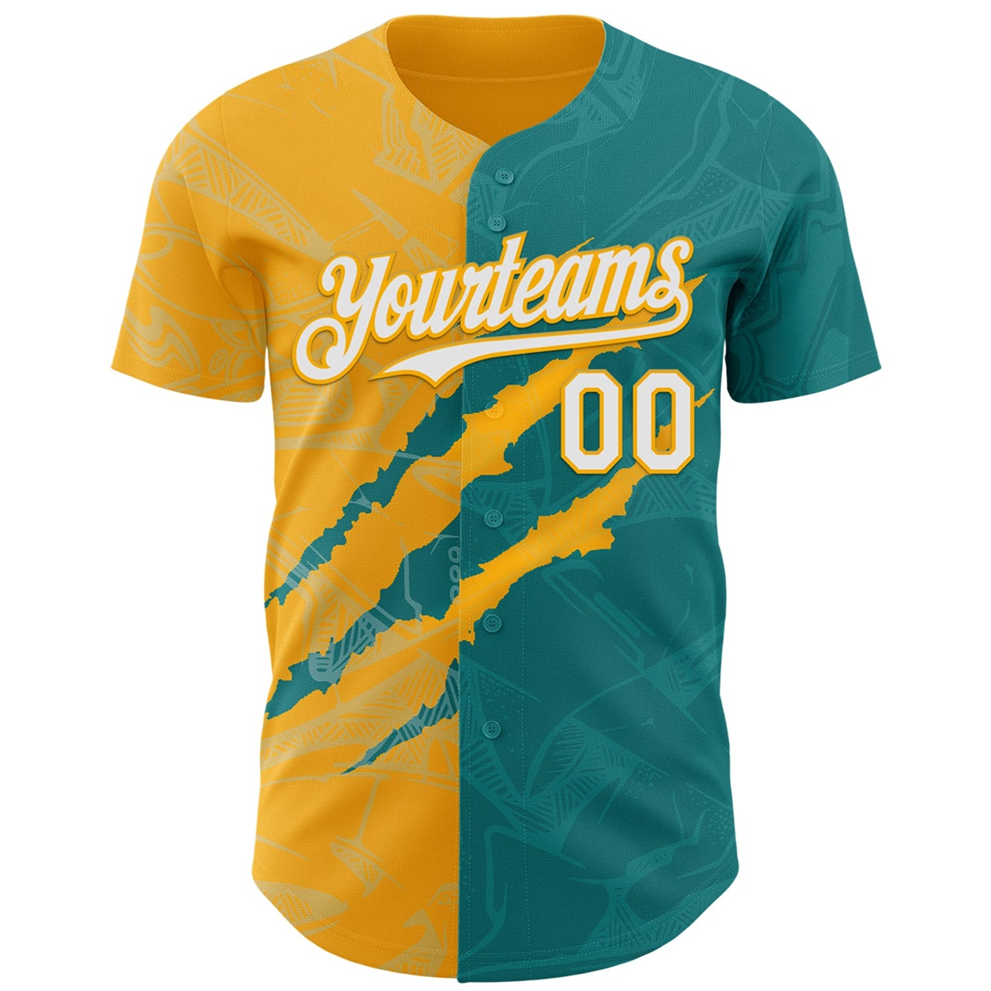 Custom Graffiti Pattern White Teal-Gold 3D Scratch Authentic Baseball Jersey view 2