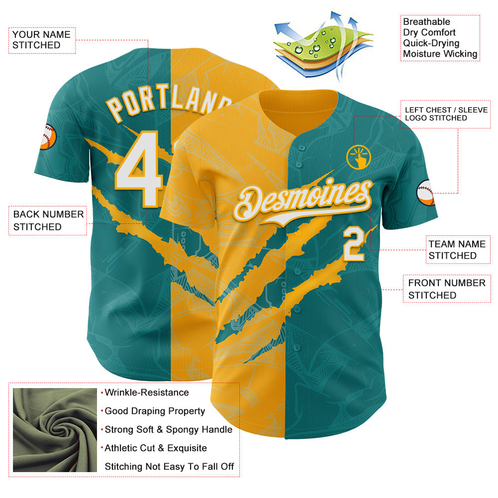 Custom Graffiti Pattern White Teal-Gold 3D Scratch Authentic Baseball Jersey view 3