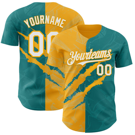 Custom Graffiti Pattern White Teal-Gold 3D Scratch Authentic Baseball Jersey - Main View