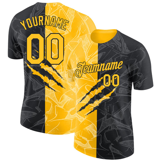Custom Graffiti Pattern Gold-Black Scratch 3D Performance T-Shirt - Main View