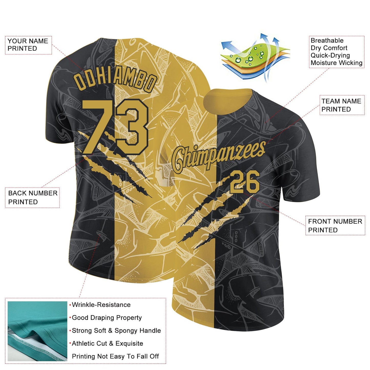 Custom Graffiti Pattern Old Gold-Black Scratch 3D Performance T-Shirt view 2