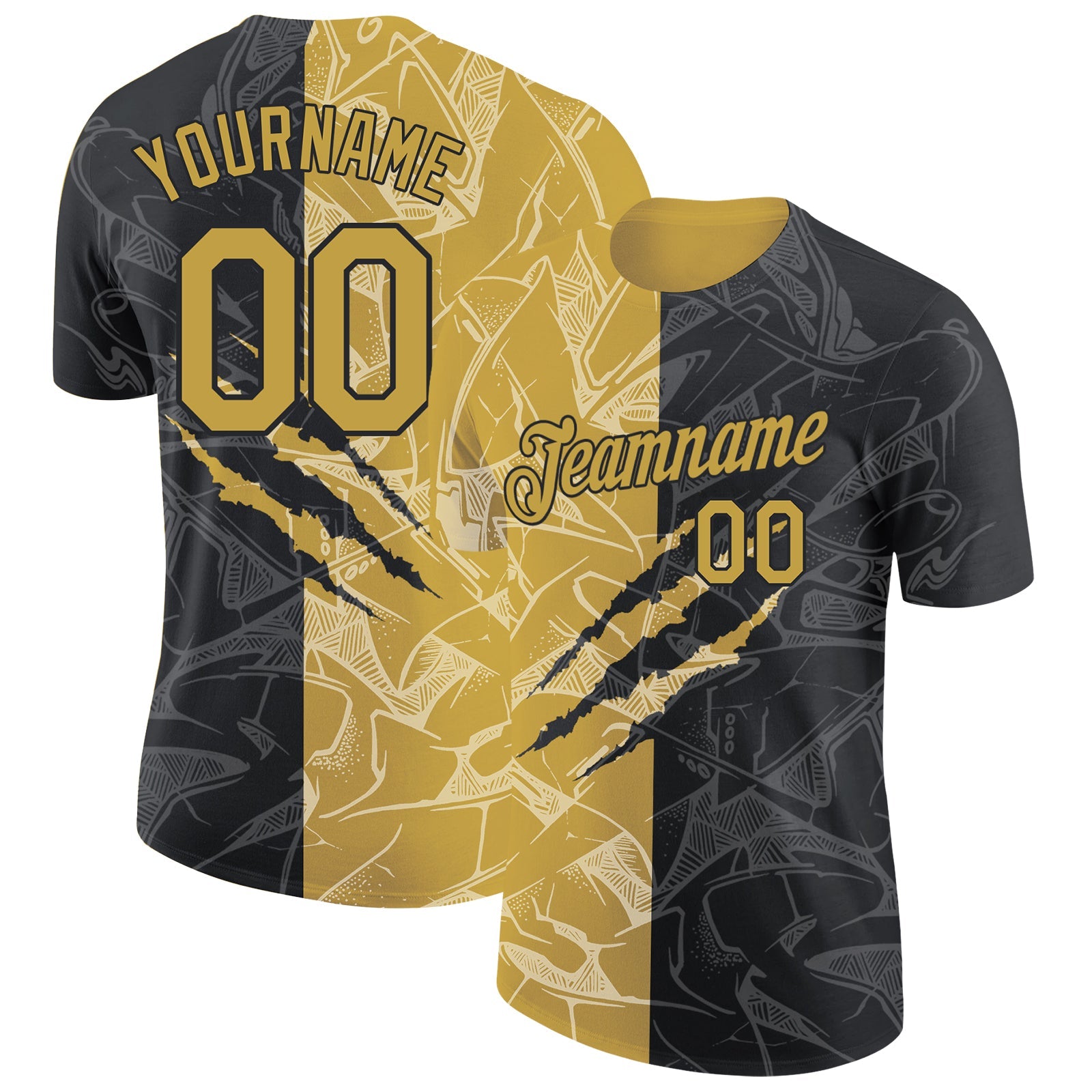 Custom Graffiti Pattern Old Gold-Black Scratch 3D Performance T-Shirt - Main View