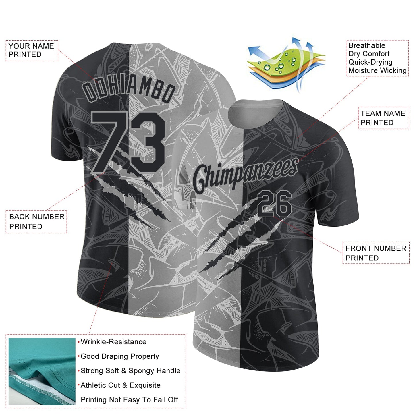 Custom Graffiti Pattern Black-Gray Scratch 3D Performance T-Shirt view 2