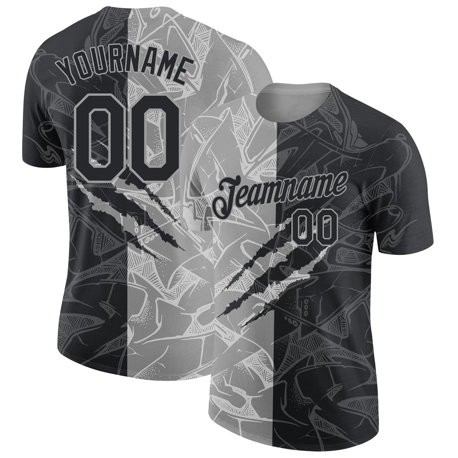 Custom Graffiti Pattern Black-Gray Scratch 3D Performance T-Shirt - Main View