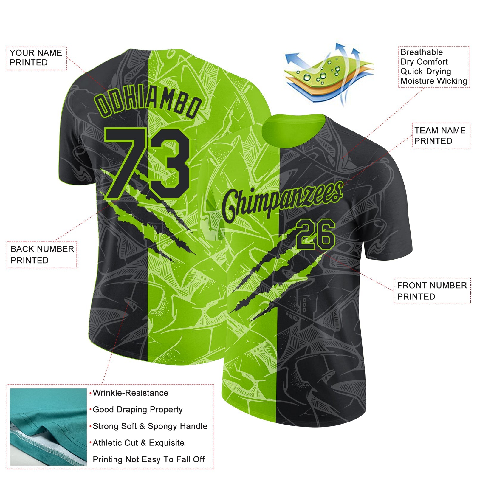 Custom Graffiti Pattern Black-Neon Green Scratch 3D Performance T-Shirt view 2