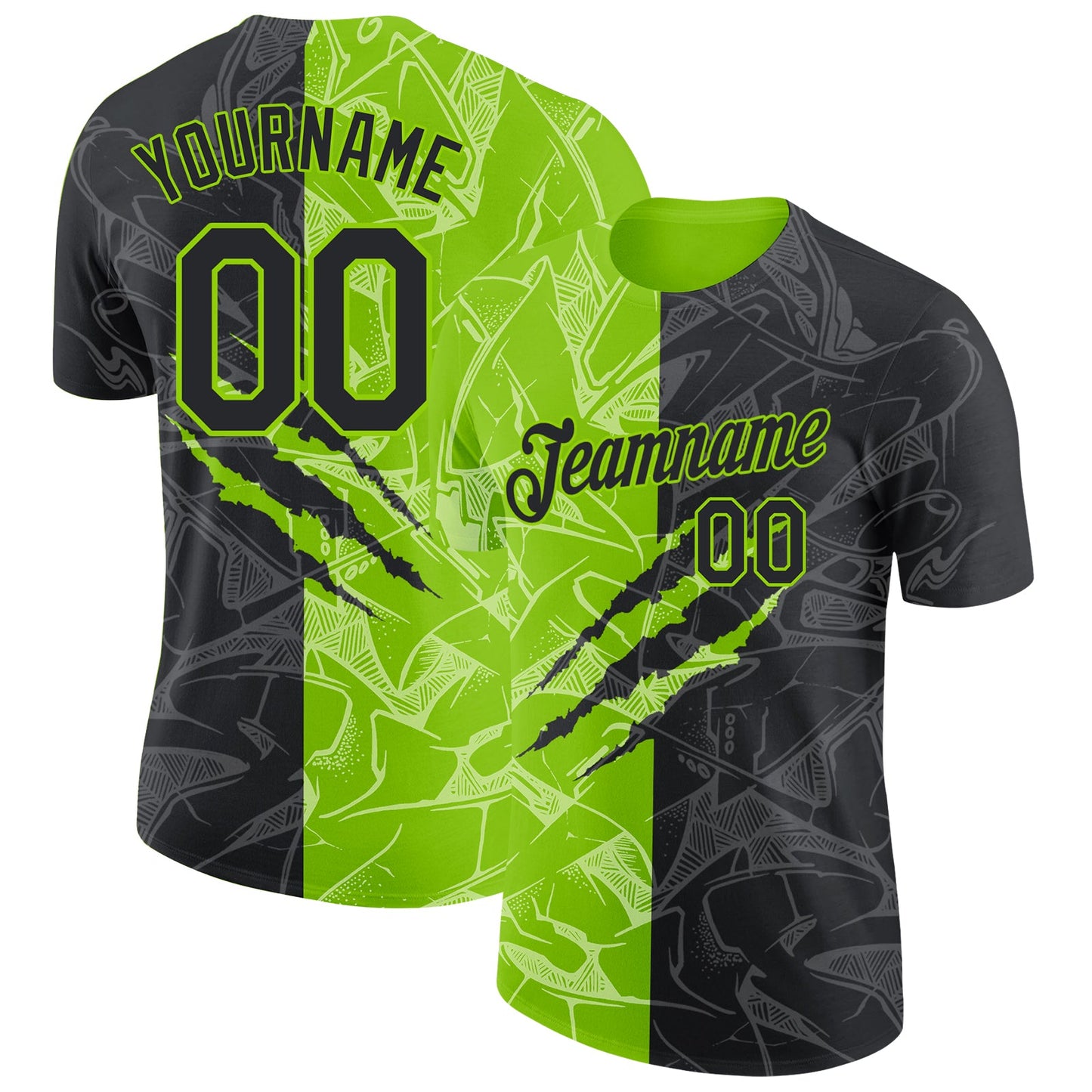 Custom Graffiti Pattern Black-Neon Green Scratch 3D Performance T-Shirt - Main View