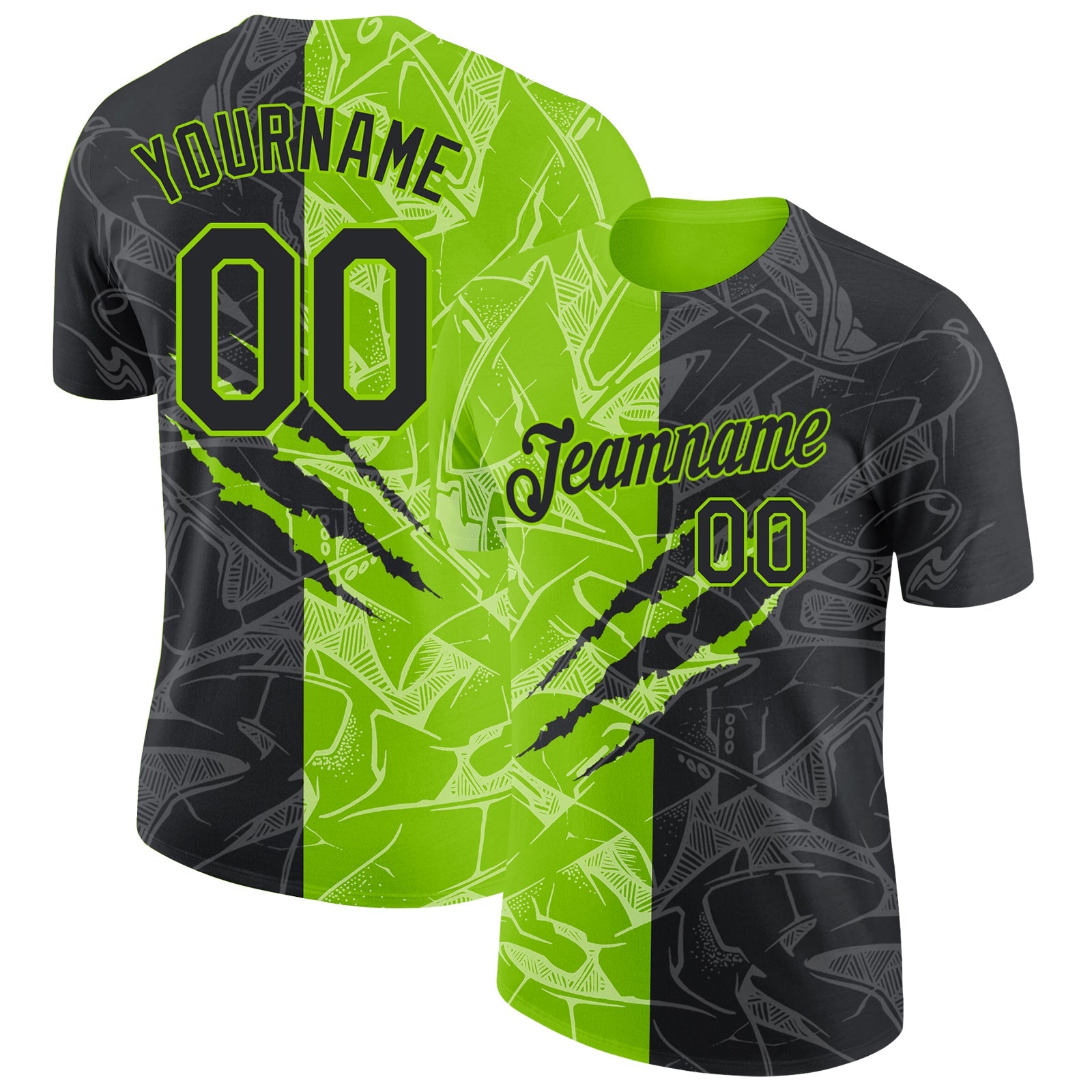 Custom Graffiti Pattern Black-Neon Green Scratch 3D Performance T-Shirt - Main View
