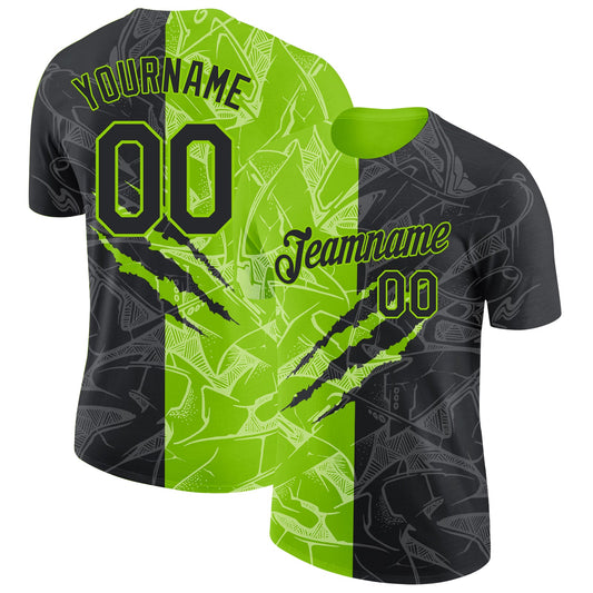 Custom Graffiti Pattern Black-Neon Green Scratch 3D Performance T-Shirt - Main View