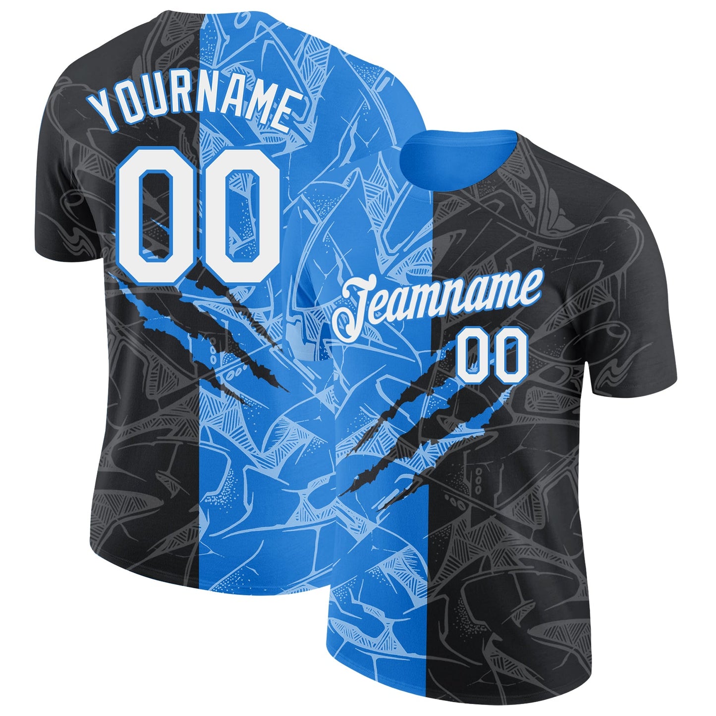Custom Graffiti Pattern White Black-Powder Blue Scratch 3D Performance T-Shirt - Main View