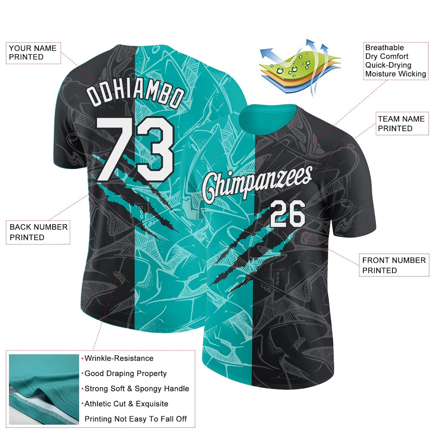 Custom Graffiti Pattern White Black-Aqua Scratch 3D Performance T-Shirt view 2