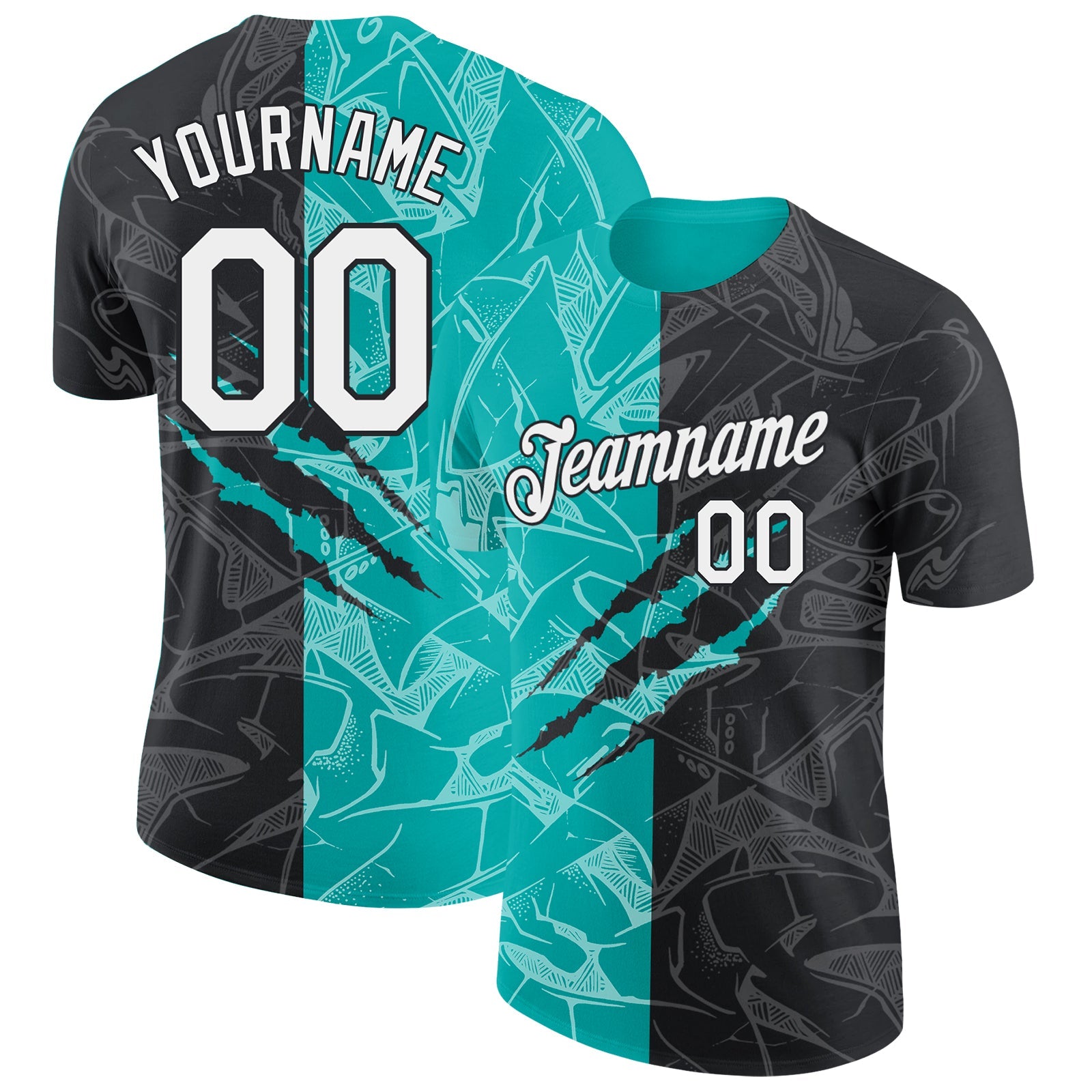 Custom Graffiti Pattern White Black-Aqua Scratch 3D Performance T-Shirt - Main View