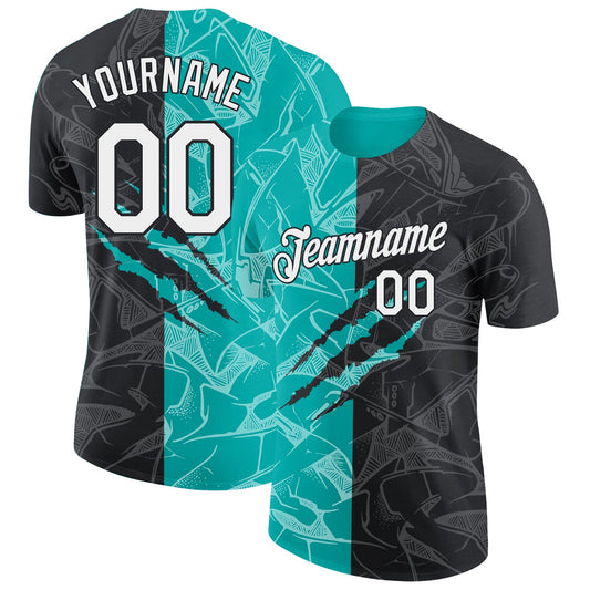 Custom Graffiti Pattern White Black-Aqua Scratch 3D Performance T-Shirt - Main View