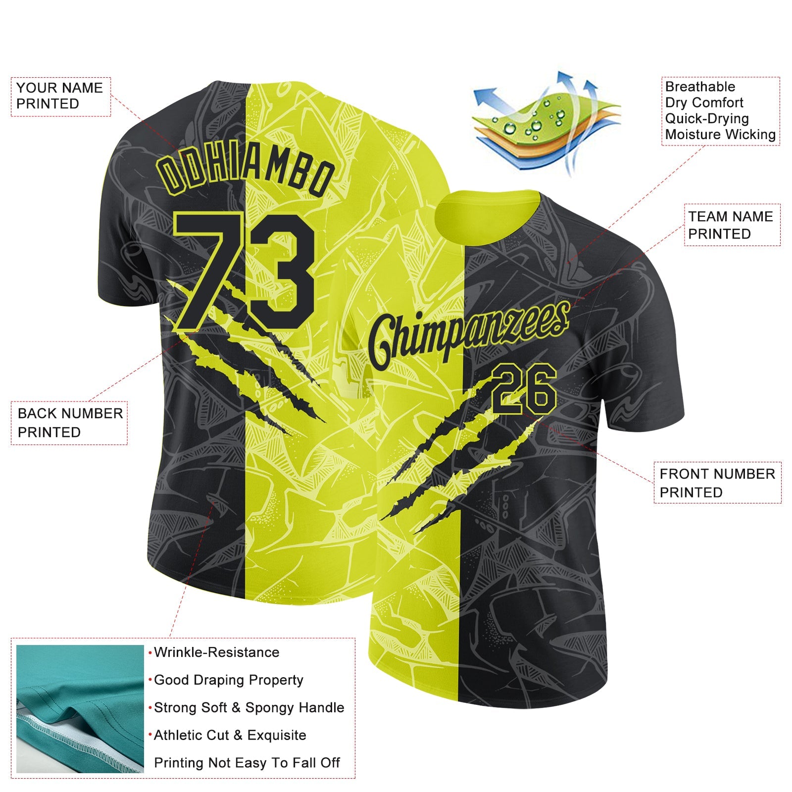 Custom Graffiti Pattern Black-Neon Yellow Scratch 3D Performance T-Shirt view 2