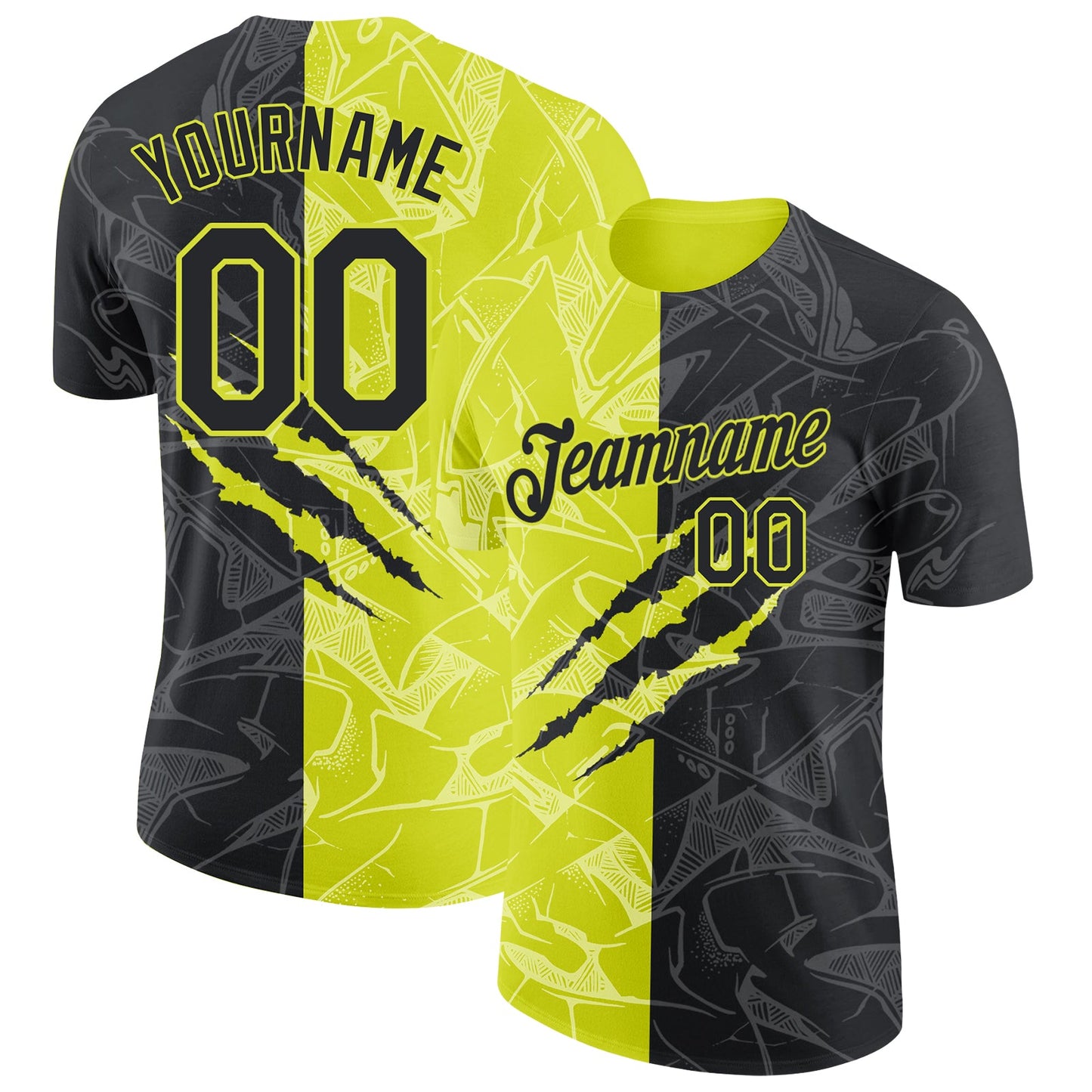 Custom Graffiti Pattern Black-Neon Yellow Scratch 3D Performance T-Shirt - Main View