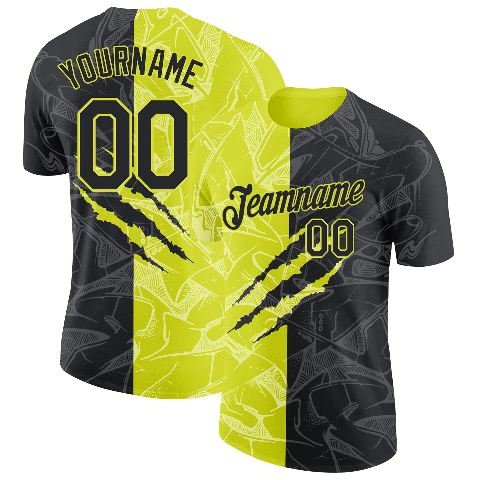 Custom Graffiti Pattern Black-Neon Yellow Scratch 3D Performance T-Shirt - Main View
