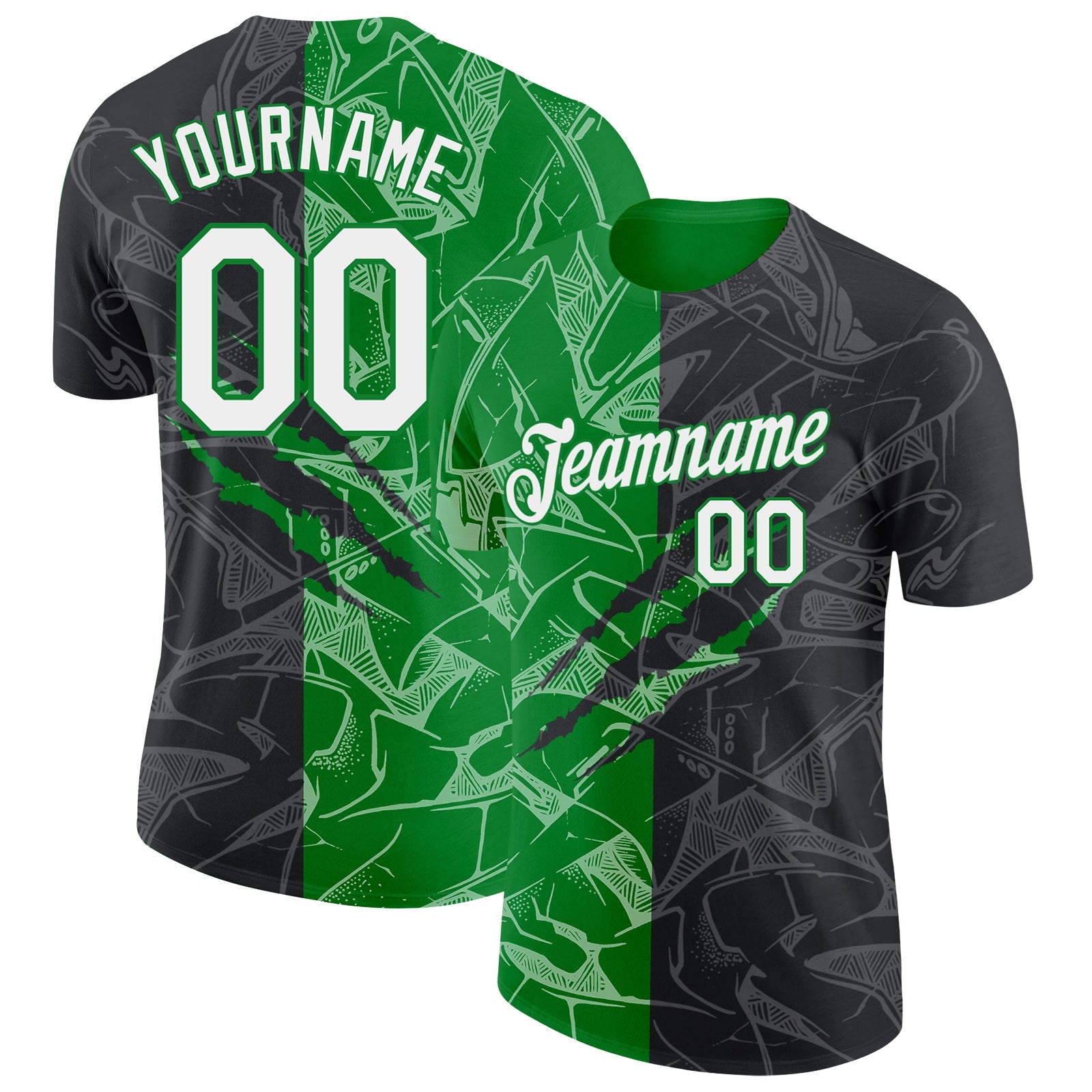 Custom Graffiti Pattern White Black-Grass Green Scratch 3D Performance T-Shirt - Main View
