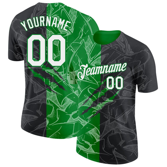 Custom Graffiti Pattern White Black-Grass Green Scratch 3D Performance T-Shirt - Main View