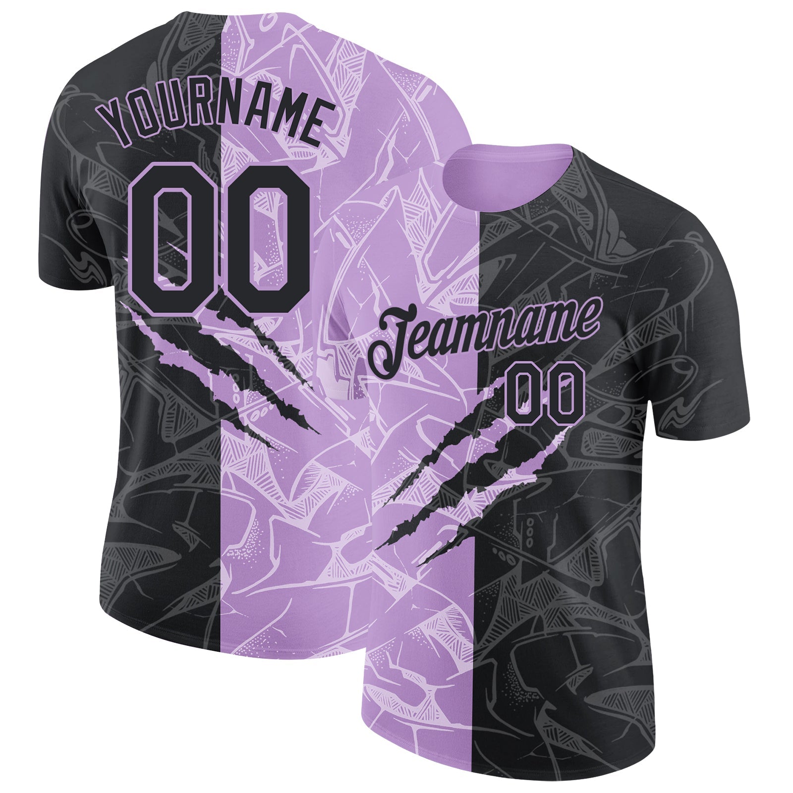 Custom Graffiti Pattern Black-Light Purple Scratch 3D Performance T-Shirt - Main View