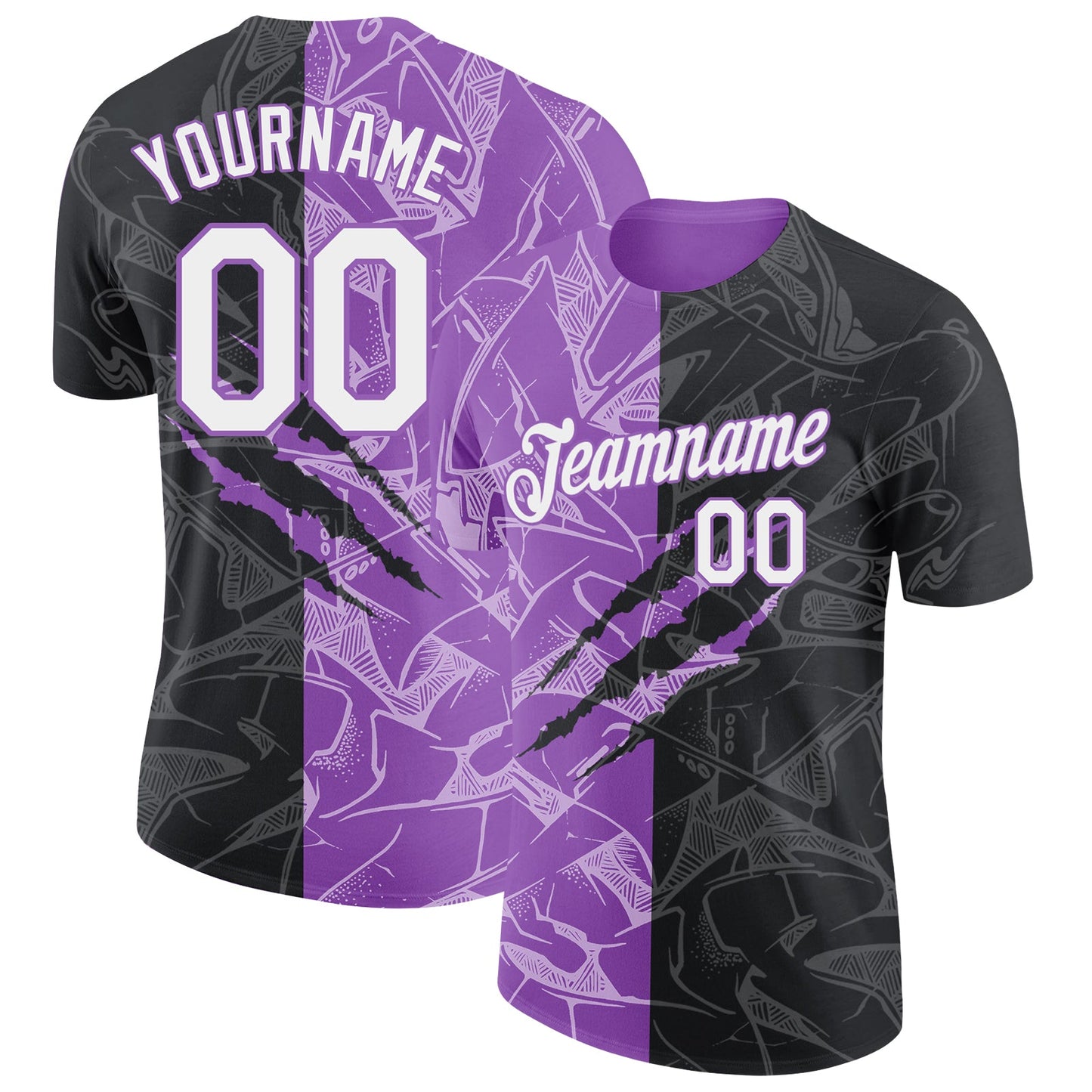 Custom Graffiti Pattern White Black-Medium Purple Scratch 3D Performance T-Shirt - Main View