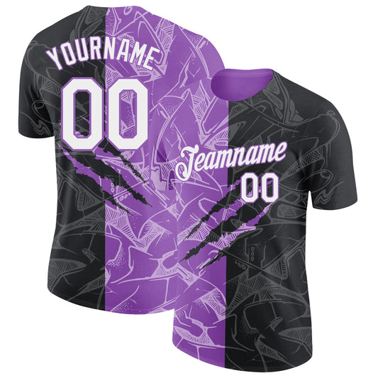 Custom Graffiti Pattern White Black-Medium Purple Scratch 3D Performance T-Shirt - Main View