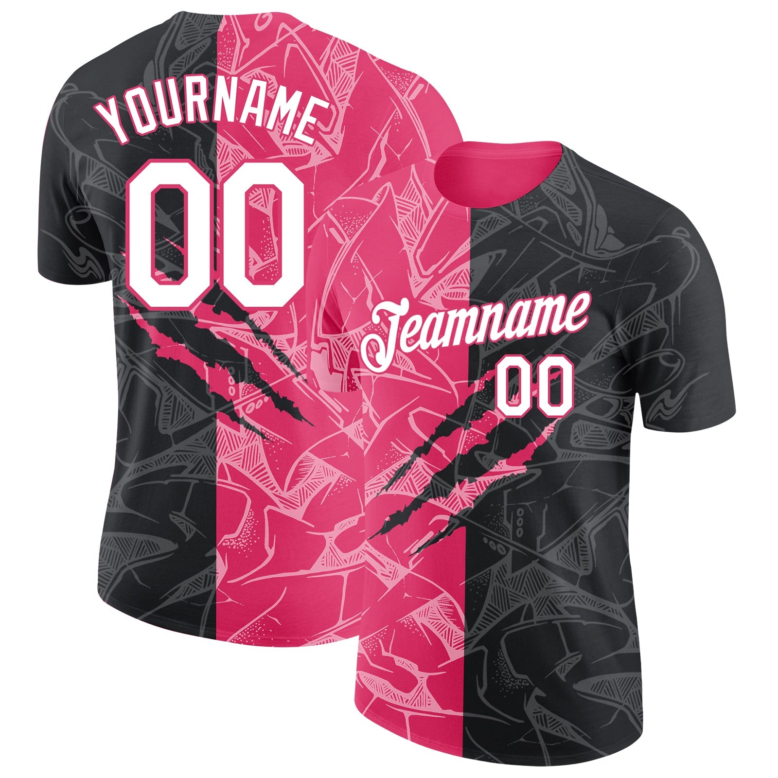 Custom Graffiti Pattern White Black-Neon Pink Scratch 3D Performance T-Shirt - Main View