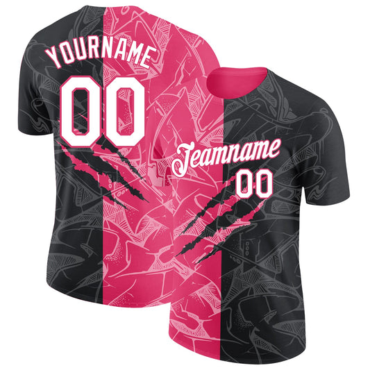 Custom Graffiti Pattern White Black-Neon Pink Scratch 3D Performance T-Shirt - Main View