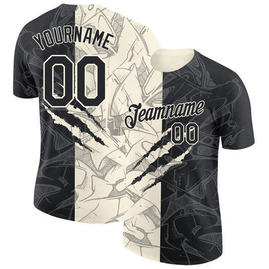 Custom Graffiti Pattern Black-Cream Scratch 3D Performance T-Shirt - Main View