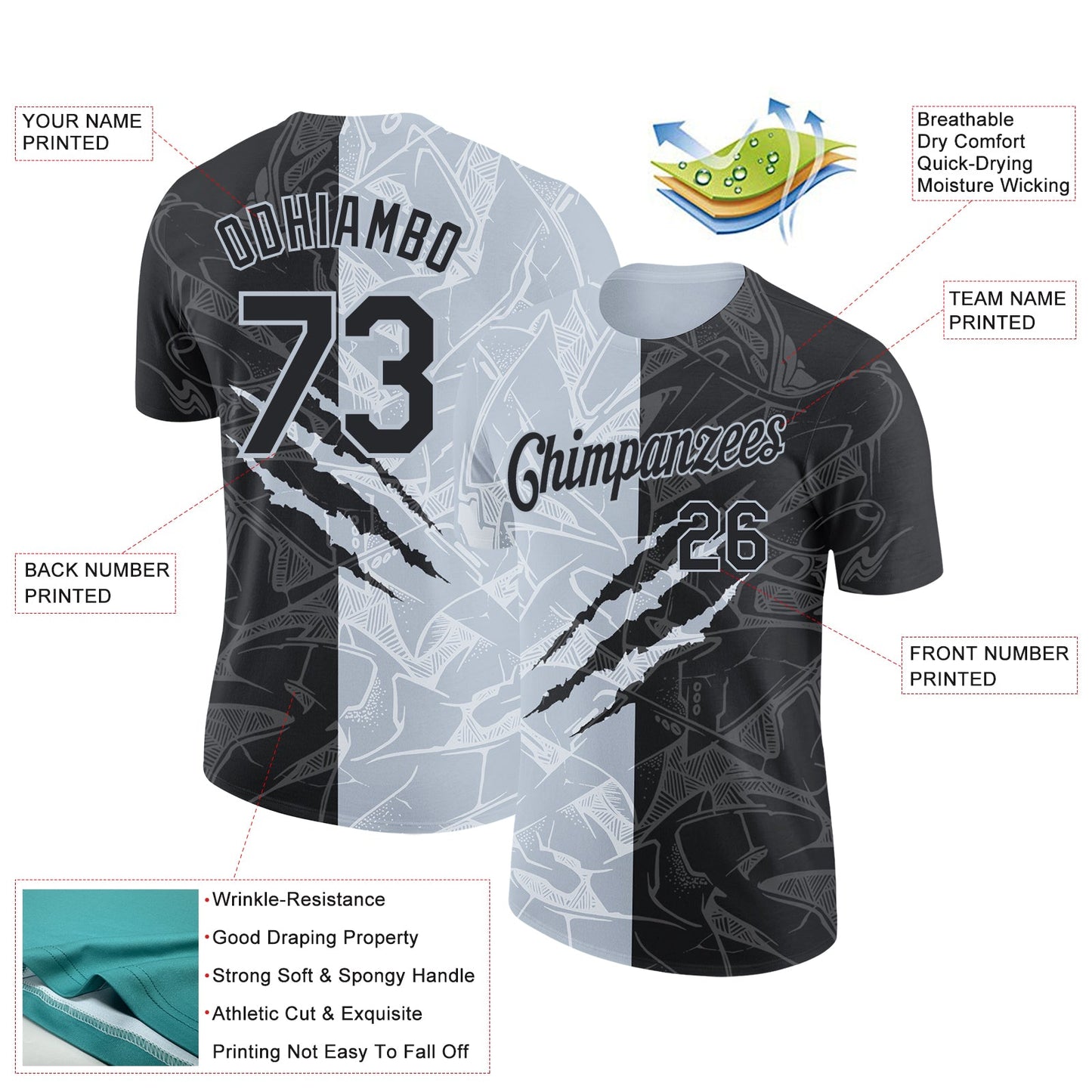 Custom Graffiti Pattern Black-Silver Scratch 3D Performance T-Shirt view 2