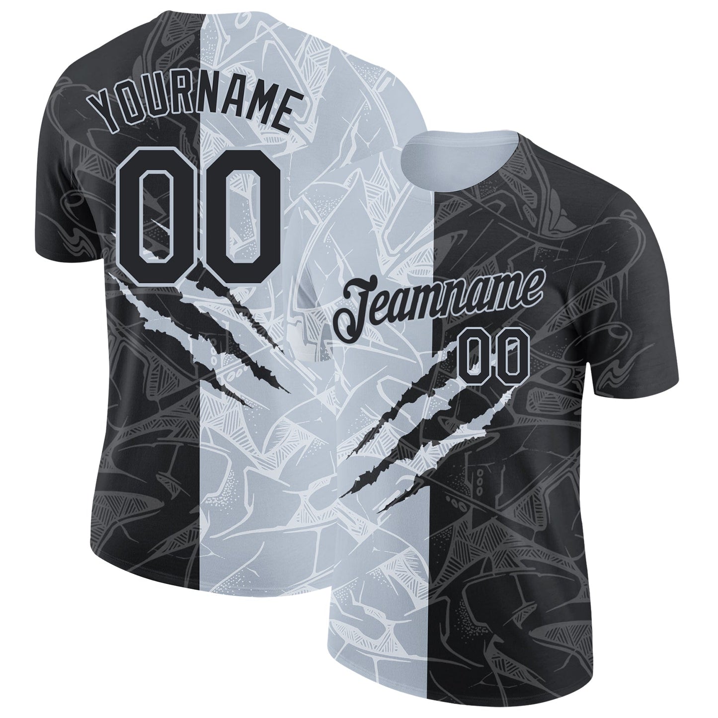 Custom Graffiti Pattern Black-Silver Scratch 3D Performance T-Shirt - Main View